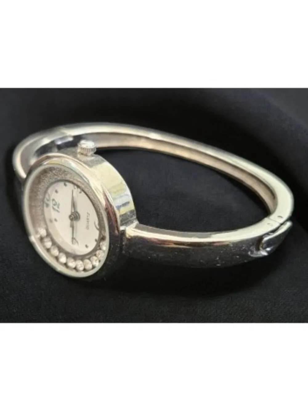 Silvertone Rotating Rhinestones Hinged Ladies Bangle Bracelet Quartz Watch